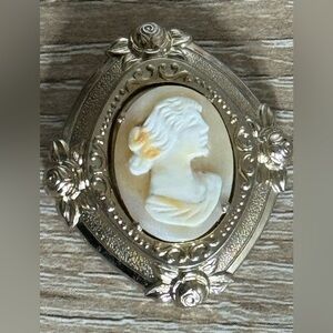 Vintage Coro Oval Cold Tone Cameo Brooch